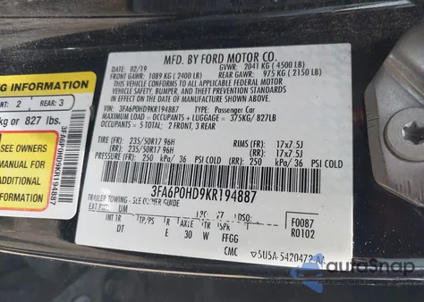2019 Ford Fusion Se из США, поврежденный, VIN 3FA6P0HD9KR194887
